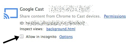 enable chromecast extension in incognito tab